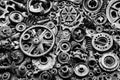 Steampunk background, machine and mechanical parts, large gears and chains from machines and tractors. Royalty Free Stock Photo