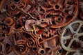 Steampunk background, machine and mechanical parts, large gears and chains from machines and tractors. Royalty Free Stock Photo