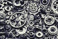 Steampunk background, machine and mechanical parts, large gears and chains from machines and tractors. Royalty Free Stock Photo