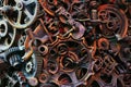 Steampunk background, machine and mechanical parts, large gears and chains from machines and tractors. Royalty Free Stock Photo