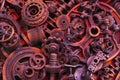 Steampunk background, machine and mechanical parts, large gears and chains from machines and tractors. Royalty Free Stock Photo