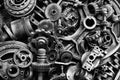 Steampunk background, machine and mechanical parts, large gears and chains from machines and tractors. Royalty Free Stock Photo