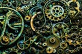 Steampunk background, machine and mechanical parts, large gears and chains from machines and tractors. Royalty Free Stock Photo