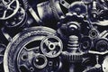 Steampunk background, machine and mechanical parts, large gears and chains from machines and tractors. Royalty Free Stock Photo