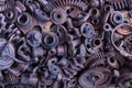 Steampunk background, machine and mechanical parts, large gears and chains from machines and tractors. Royalty Free Stock Photo