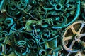 Steampunk background, machine and mechanical parts, large gears and chains from machines and tractors. Royalty Free Stock Photo