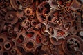 Steampunk background, machine parts, large gears and chains from machines and tractors. Royalty Free Stock Photo