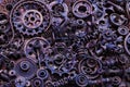 Steampunk background, machine parts, large gears and chains from machines and tractors.