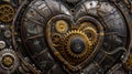 Steampunk background with metal heart. Steam punk style: gold and silver gears and rivets on dark background