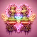 steampunk bee king and queen in love neon sign valentines illustration concept rusty background Royalty Free Stock Photo