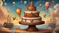 A Steampunk Birthday Cake Decorated With Colorful Sprinkles And Hot Air Balloons And Ships Nearby