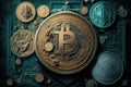 Steampunk bitcoin. Crypto. Coins. Money, finance, profits. Gold. Banking.