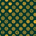 Steampunk brass gears seamless pattern design victorian era cogwheels texture vector on green backdrop