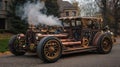 Gold color, chrome and metal, Steampunk Car in Front of Homes Royalty Free Stock Photo