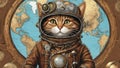 _A steampunk cat astronaut in space with a background of the globe. The cat is wearing a leather suite Royalty Free Stock Photo