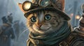 steampunk cat in realistic oil painting style