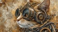 steampunk cat in realistic oil painting style