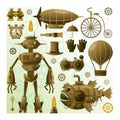 Steampunk character and elements. Vector icons.Steampunk robot.Vintage character.Steampunk submarine.Vintage cyborg