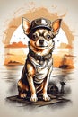 Steampunk Chihuahua Dreams: Vintage Retro Sunset Distressed Design in Adorable Cartoon Style Royalty Free Stock Photo