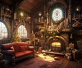 Steampunk christmas room interior banner. Generate Ai