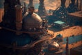 steampunk city aerial view, aviator, generative ai