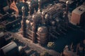 steampunk city aerial view, aviator, generative ai