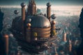 steampunk city aerial view, aviator, generative ai