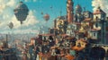 Steampunk City with Hot Air Balloons and Art Nouveau Influences Royalty Free Stock Photo