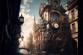Steampunk clock city landscape, generative ai