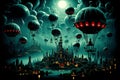 Steampunk cityscape airships and gears define the skyline, victorian figures amid mechanical beings