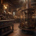 A steampunk cityscape with brass machinery and gears, blending Victorian elegance with industrial grit2