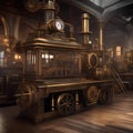 A steampunk cityscape with brass machinery and gears, blending Victorian elegance with industrial grit5