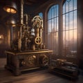 A steampunk cityscape with brass machinery and gears, blending Victorian elegance with industrial grit1