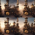 A steampunk cityscape with brass machinery and gears, blending Victorian elegance with industrial grit4