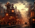 steampunk cityscape illuminated by misty digital art.