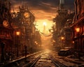 steampunk cityscape illuminated by misty digital art.