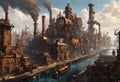 a steampunk cityscape with towering factories and steam-powered vehicles