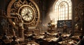 Steampunk classroom with students learning from a professor in front of a large clock Royalty Free Stock Photo