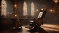 A steampunk clinic medical exam room with a generic chair, table, and computer terminals.