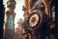 Steampunk clock city landscape, generative ai