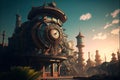 Steampunk clock city landscape, generative ai