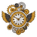 Steampunk clock collage of metal gears in doodle Royalty Free Stock Photo
