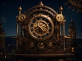 A steampunk clock with gears and cogs that turn and whir, set against a backdrop of a Victorian factory. Generative AI