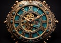 Steampunk clock in turquoise and gold, with gears. Resolute and textural contrast. AI generated