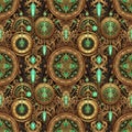 Steampunk clockwork pattern with emerald green accents and golden gears Royalty Free Stock Photo