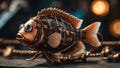a steampunk A close-up view of a steampunk clown fish, with copper scales, brass fins,