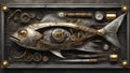 a steampunk A close-up view of a steampunk tuna fish, with iron scales, brass fins, Royalty Free Stock Photo