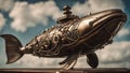 a steampunk A close up view of a steampunk whale, with iron scales, brass fins, and a glass Royalty Free Stock Photo