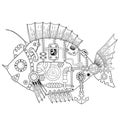 Steampunk vector coloring page. Vector coloring book for adult for relax and medetation. Art design of a fictional mechanical fish