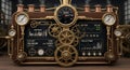 Steampunk control panel with gauges, gears, and digital readouts on a wooden surface Royalty Free Stock Photo